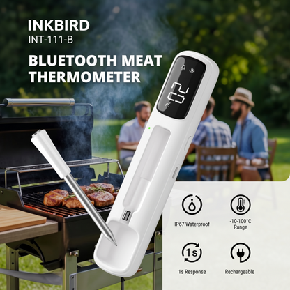 A man grilling outdoors using the Alphinea professional-grade Bluetooth 5.4 wireless meat thermometer with an ultra-stable 1,000ft range.