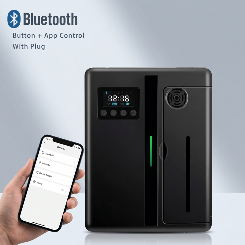 Diffuseur d'huiles essentielles Bluetooth Black Alphinea présenté à côté d'un smartphone, illustrant les fonctionnalités de contrôle et de programmation via une application intelligente.