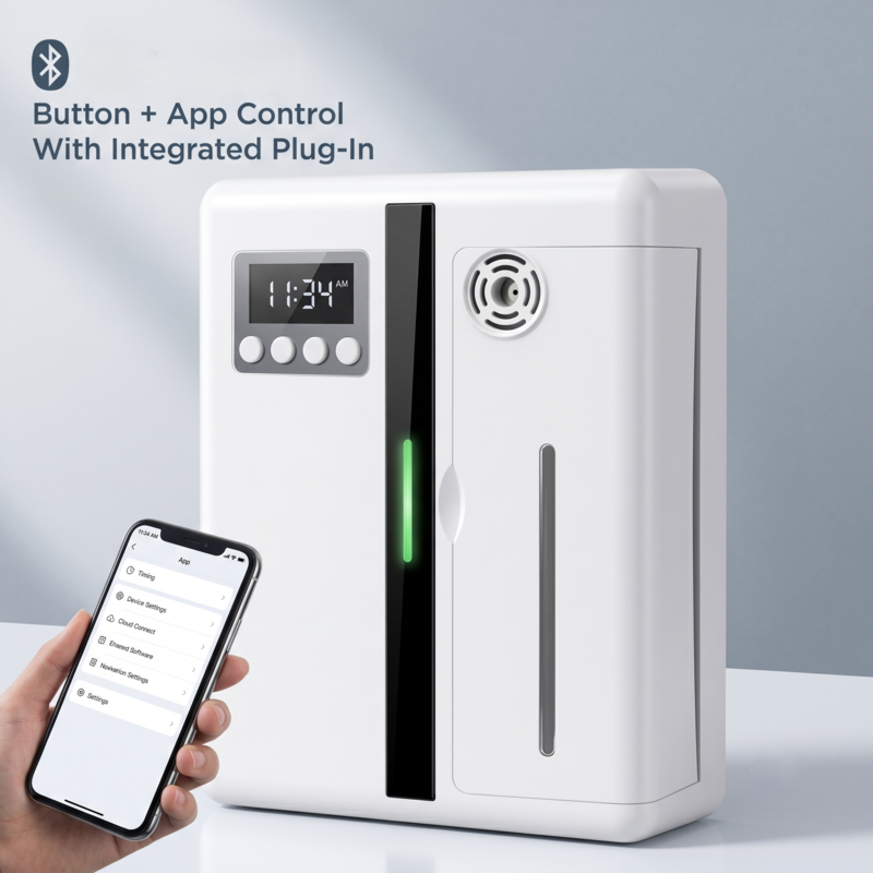 Diffuseur de parfum intelligent White Alphinea associé à un smartphone pour illustrer les fonctionnalités Bluetooth intégrées et de contrôle via application.