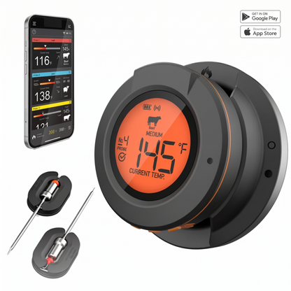 Alphinea Bluetooth BBQ thermometer system showing the glowing orange digital display hub, smartphone tracking app, and dual high-precision meat probes.