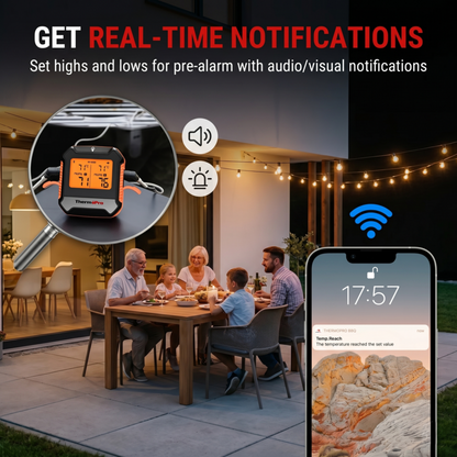 Une famille profite d'un barbecue en terrasse tandis que le thermomètre de barbecue Bluetooth Alphinea envoie des notifications audio et visuelles en temps réel des températures hautes/basses à un smartphone.