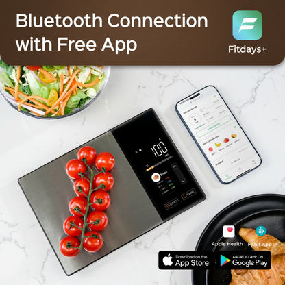 La balance de cuisine intelligente Alphinea se synchronise via Bluetooth avec une application de fitness pour smartphone, permettant un suivi nutritionnel fluide.