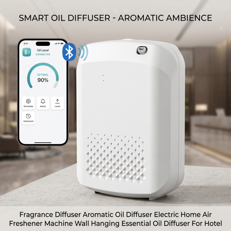 Diffuseur d'huiles essentielles intelligent Alphinea à côté d'un smartphone affichant l'interface de l'application mobile pour la programmation personnalisée des arômes via Bluetooth et Wi-Fi.