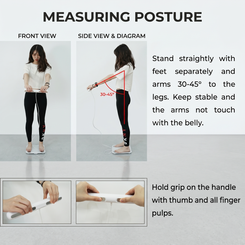 Guide de posture correcte pour une lecture précise sur le moniteur de composition corporelle intelligent Alphinea.