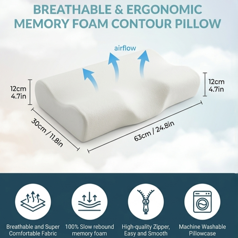 Diagram of the Alphinea memory foam pillow showing cooling airflow arrows and dimensions of 61 by 30 by 12 centimeters. Icons at the bottom highlight the breathable fabric, slow-rebound foam, high-quality zipper, and machine-washable cover.