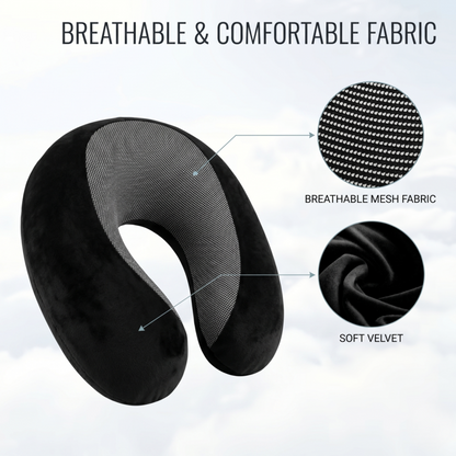 Fabric details of the Alphinea U-shaped cervical neck pillow, showcasing the dual-texture design with a breathable mesh interior lining and an ultra-soft black velvet exterior.