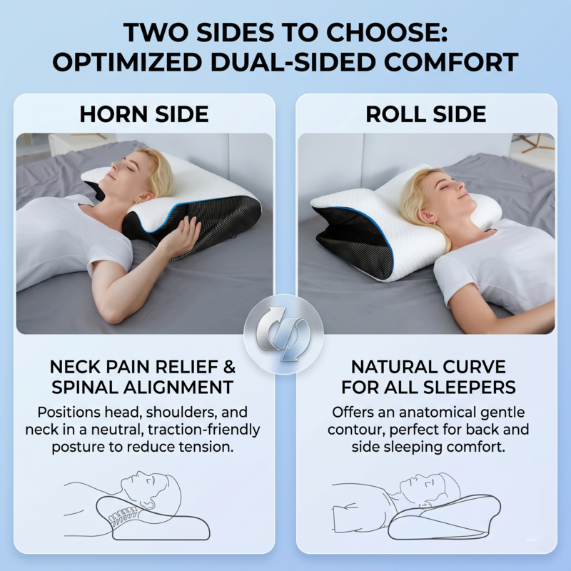 Infographic demonstrating the dual-sided comfort of the Alphinea Butterfly pillow. It highlights the Horn Side for neck pain relief and the Roll Side for natural curve support, with photos of a woman sleeping in both positions.