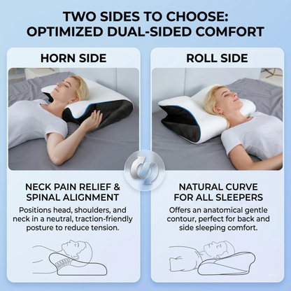 Infographic demonstrating the dual-sided comfort of the Alphinea Butterfly pillow. It highlights the Horn Side for neck pain relief and the Roll Side for natural curve support, with photos of a woman sleeping in both positions.