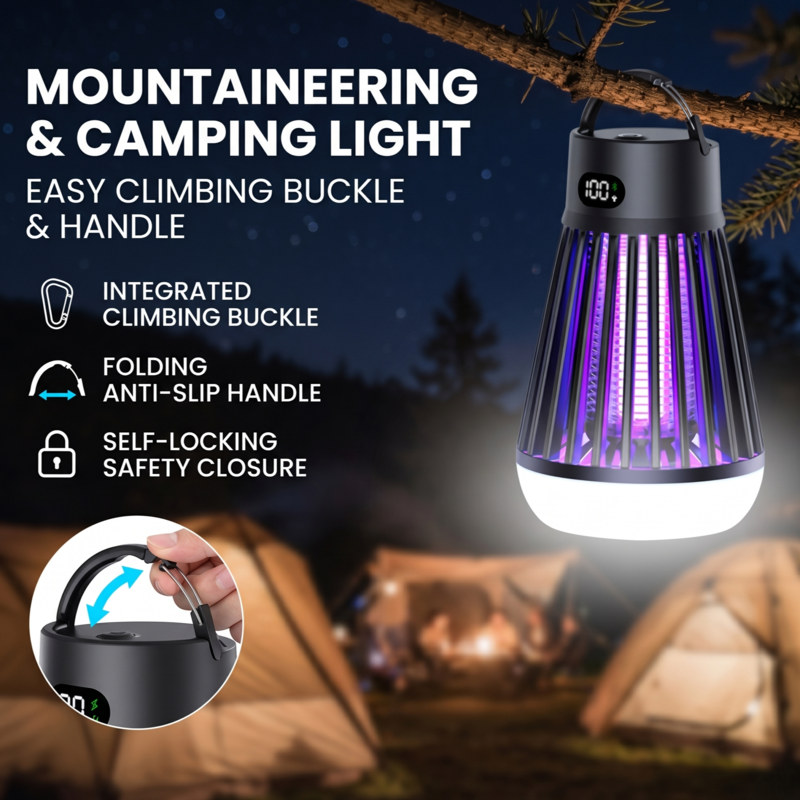Anti-moustiques Black Alphinea suspendu et illuminé dans un camping la nuit, fonctionnant comme une lampe de camping et d'alpinisme à double mode avec une boucle d'escalade robuste et une poignée antidérapante.