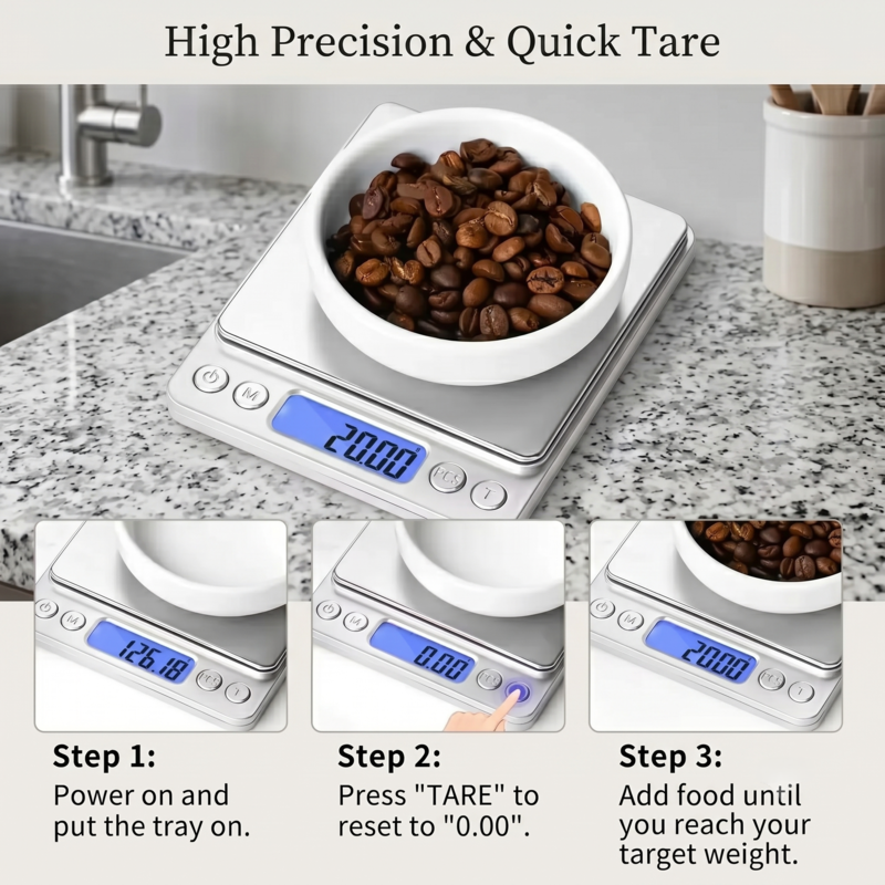 Die hochpräzise digitale Waage Alphinea demonstriert die Schnelltarierfunktion beim genauen Wiegen gerösteter Kaffeebohnen in einer weißen Schale.
