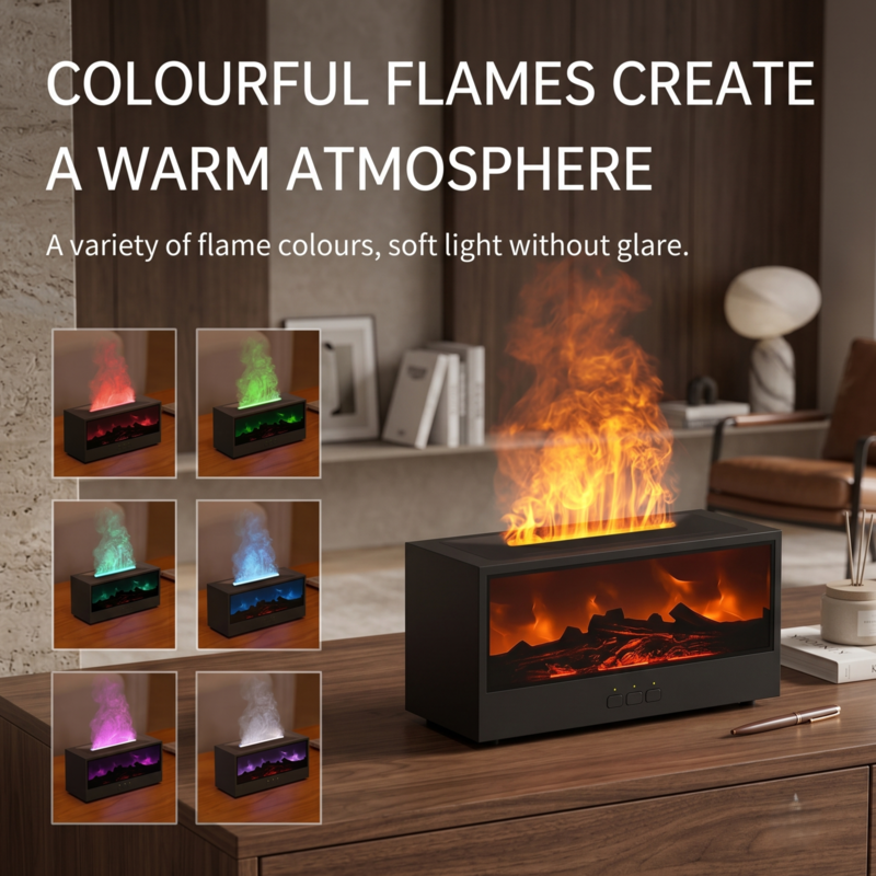 Diffuseur de flamme Alphinea à couleurs changeantes, offrant de multiples options d'éclairage LED éclatantes pour personnaliser l'ambiance de votre pièce.