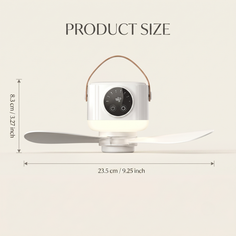 Schéma minimaliste illustrant les dimensions compactes du ventilateur de camping Alphinea, mesurant 23,5 centimètres de largeur.