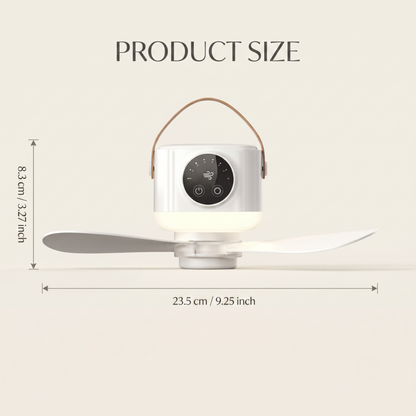 Schéma minimaliste illustrant les dimensions compactes du ventilateur de camping Alphinea, mesurant 23,5 centimètres de largeur.