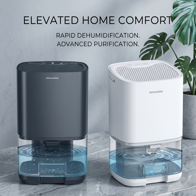 Alphinea compact dehumidifiers in sleek black and clinical white, featuring rapid moisture extraction and advanced air purification for elevated home comfort.
