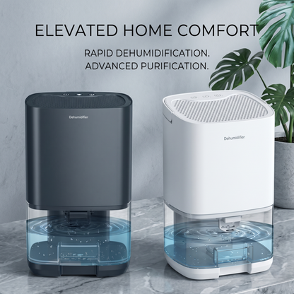 Alphinea compact dehumidifiers in sleek black and clinical white, featuring rapid moisture extraction and advanced air purification for elevated home comfort.