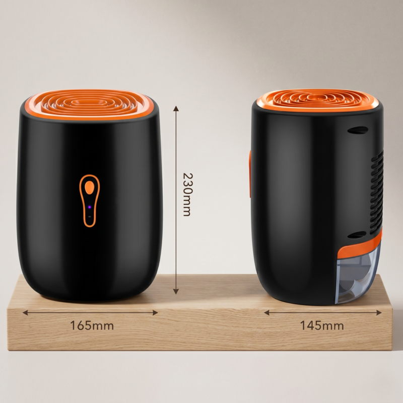 Front and side profiles of the ultra-compact Alphinea dehumidifier, illustrating its zero-footprint dimensions of 160 millimeters wide, 145 millimeters deep, and 230 millimeters tall.