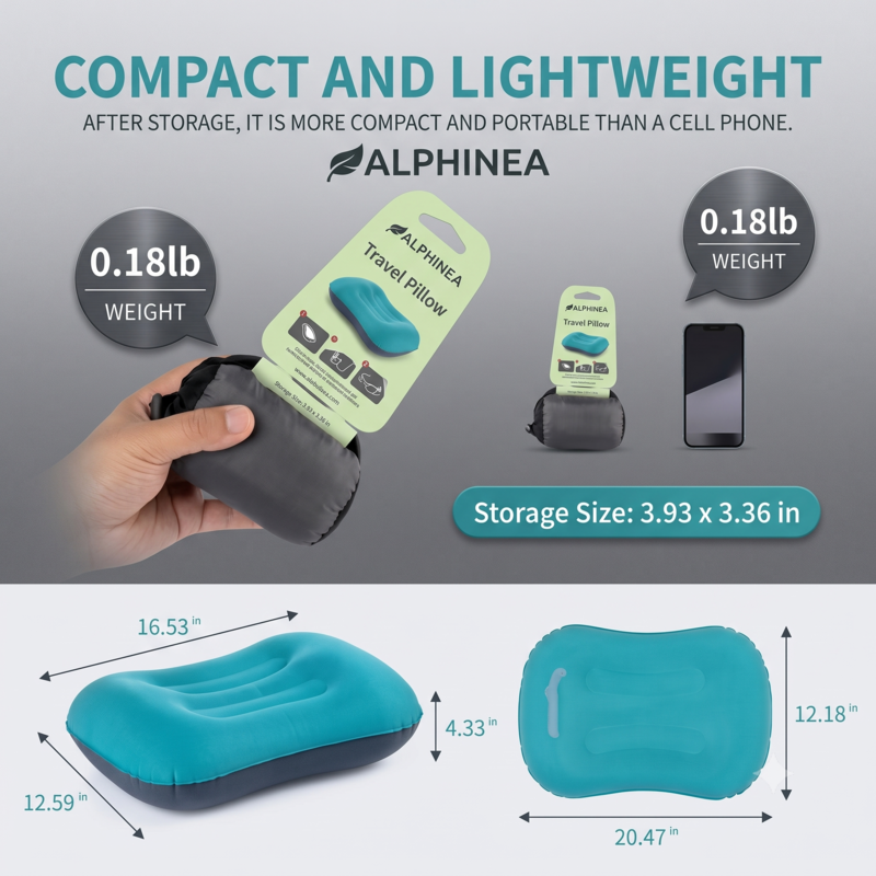 Infographic demonstrating the compact and lightweight design of the Alphinea travel pillow, weighing only 0.15 pounds, showing dimensions, and packing down to be smaller than a cell phone.