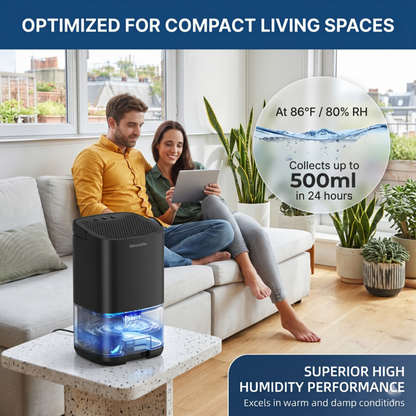A couple relaxing in a dry, comfortable living room environment maintained by the Alphinea Portable Dehumidifier, optimized for compact living spaces up to 250 sq. ft.Collect up to 500ml in 24 hours