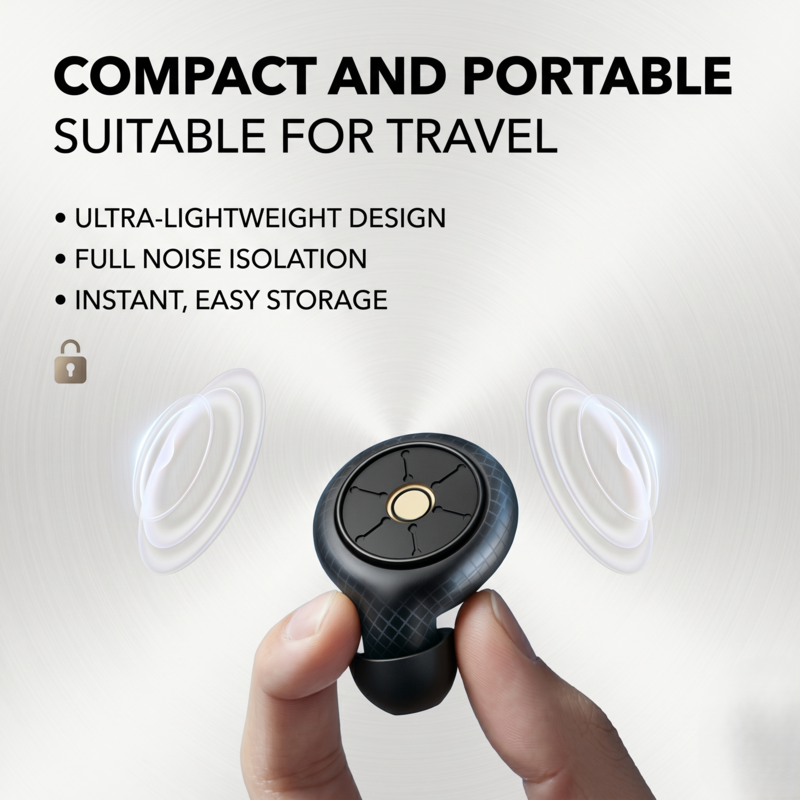 Hand holding a compact, ultra-lightweight Alphinea noise-canceling earplug, perfect for travel, shifts workers, and instant storage.