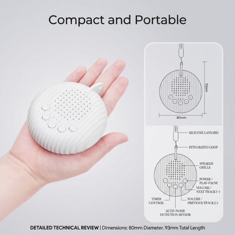 Main tenant la machine à bruit blanc de voyage compacte Alphinea pour démontrer sa taille portable ainsi que ses spécifications techniques.