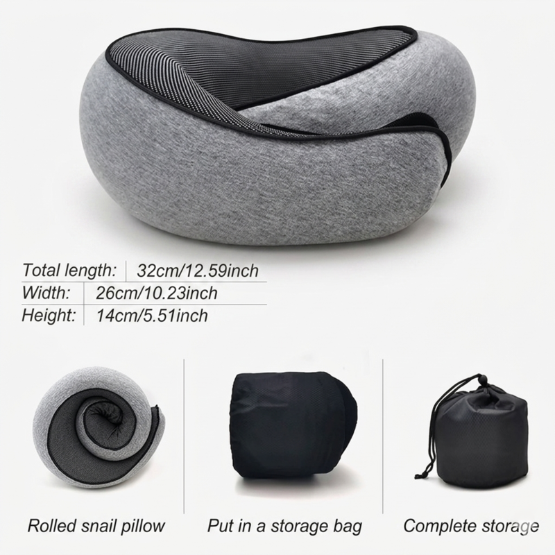Dimensions of the Alphinea travel pillow and a demonstration of its portability, showing the slow-rebound memory foam rolled compactly into a small black storage bag.
