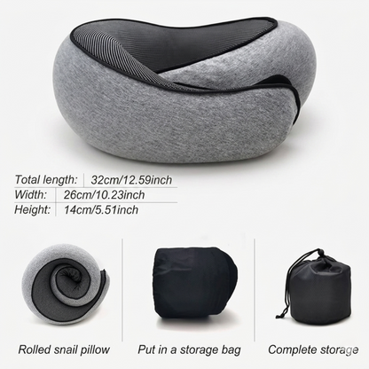 Dimensions of the Alphinea travel pillow and a demonstration of its portability, showing the slow-rebound memory foam rolled compactly into a small black storage bag.
