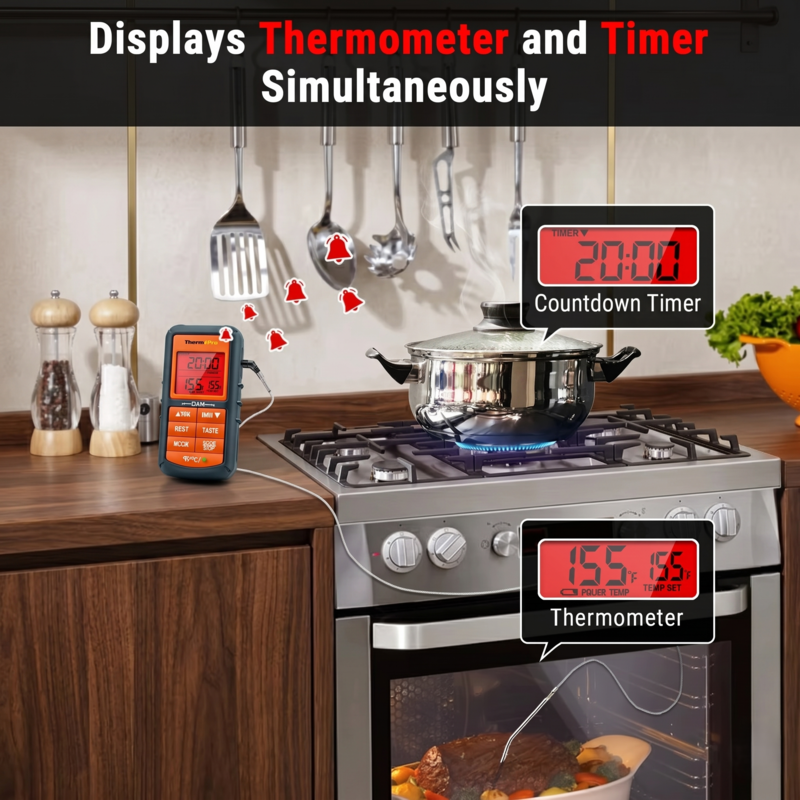 Thermomètre de cuisine Alphinea affichant une double température et un compte à rebours, idéal pour une utilisation en cuisine domestique.