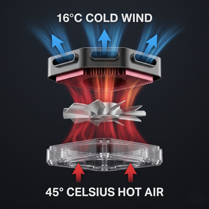 A 3D graphical diagram of the Alphinea fan demonstrating its airflow mechanics, showing hot air drawn into the bottom and cold wind pushed out the top.