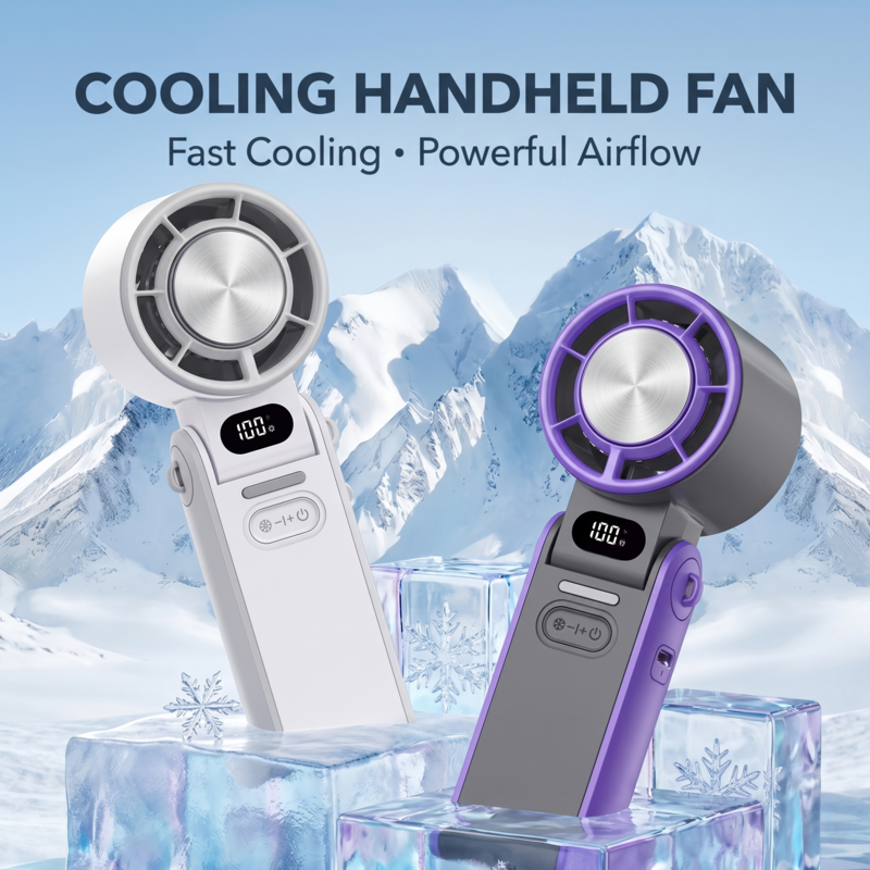 White and purple Alphinea cooling handheld fans displayed against an icy, snowy background, emphasizing the fan's fast ice-cool technology and powerful airflow for summer relief.