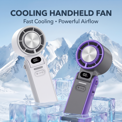 White and purple Alphinea cooling handheld fans displayed against an icy, snowy background, emphasizing the fan's fast ice-cool technology and powerful airflow for summer relief.