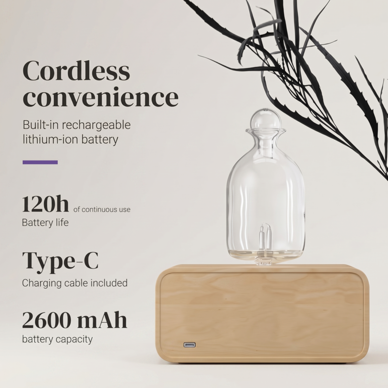 Le diffuseur d'huiles essentielles sans fil Alphinea présente une batterie lithium-ion rechargeable intégrée de 2600 mAh, un port de charge pratique de type C et une autonomie allant jusqu'à 120 heures.