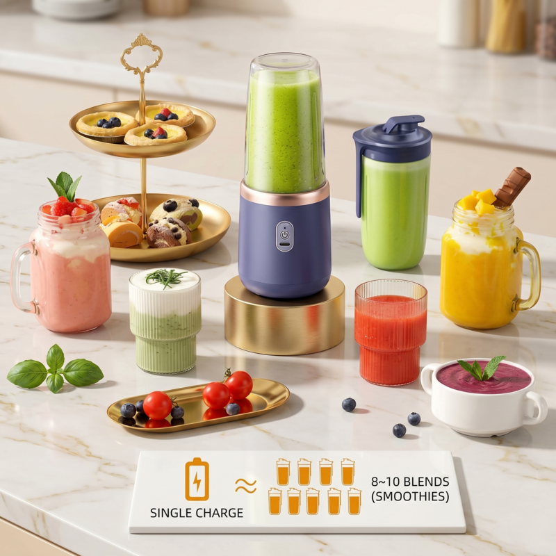 Alphinea cordless smoothie maker on a kitchen counter surrounded by fresh juices and fruits, highlighting its high-capacity battery capable of 8 to 10 blends per charge.