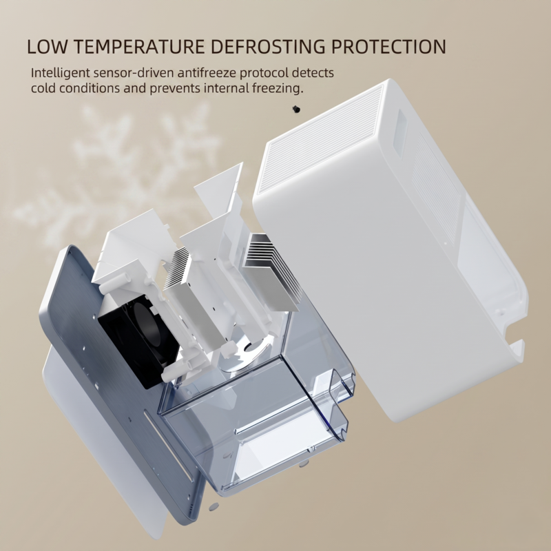 Exploded 3D view of the Alphinea dehumidifier illustrating its adaptive low-temperature defrosting protection and internal thermal sensors.