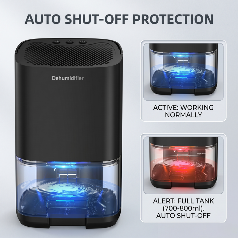 Alphinea smart portable dehumidifier demonstrating its auto shut-off protection, featuring a red LED alert that triggers the moment the 1000ml transparent tank reaches full capacity.