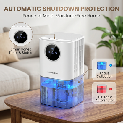 Alphinea Dehumidifier on a wooden living room table displaying the intelligent auto-safety off sensor and 100% overflow protection.