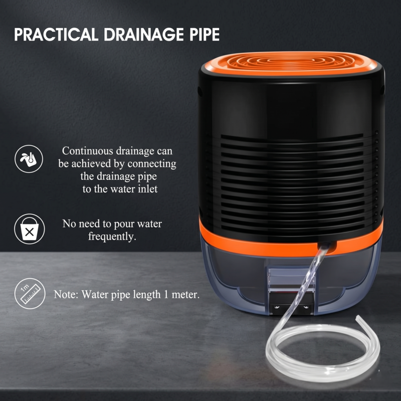 Back view of the Alphinea dehumidifier showing a connected practical drainage pipe for continuous moisture extraction without the need to manually empty the water tank.