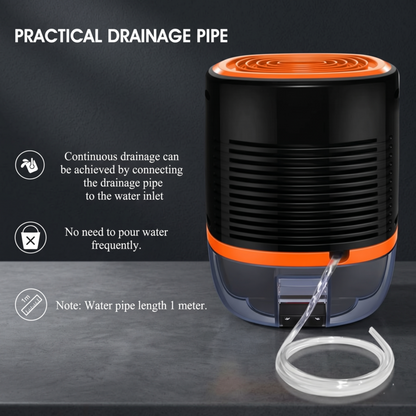 Back view of the Alphinea dehumidifier showing a connected practical drainage pipe for continuous moisture extraction without the need to manually empty the water tank.