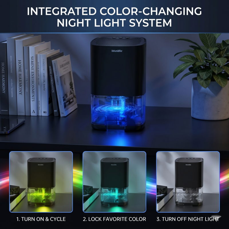 Alphinea Portable Dehumidifier in a dark room showcasing its integrated 7-color changing night light system, providing ambient mood lighting while operating with whisper-quiet engineering.