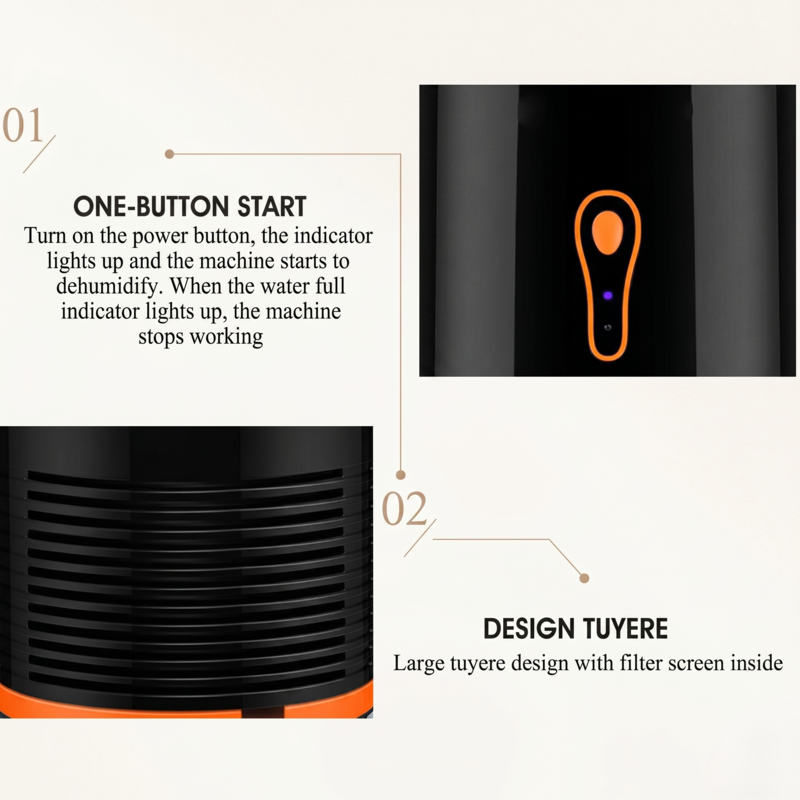 Close-up of the Alphinea dehumidifier showcasing the simple one-button start interface with an indicator light and the large rear vent design with a built-in filter screen.