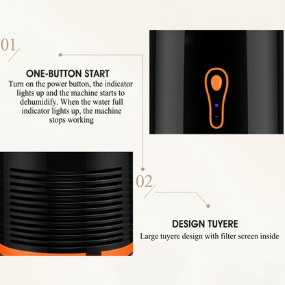 Close-up of the Alphinea dehumidifier showcasing the simple one-button start interface with an indicator light and the large rear vent design with a built-in filter screen.
