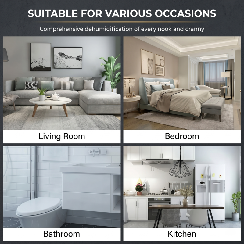 Grid of four room settings demonstrating the Alphinea dehumidifier's plug-and-play versatility in the living room, bedroom, bathroom, and kitchen.