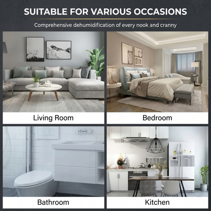 Grid of four room settings demonstrating the Alphinea dehumidifier's plug-and-play versatility in the living room, bedroom, bathroom, and kitchen.