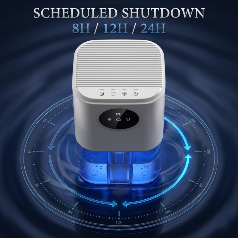 Alphinea Portable Dehumidifier displaying scheduled shutdown options with a precision timer for 8, 12, and 24-hour continuous moisture management.