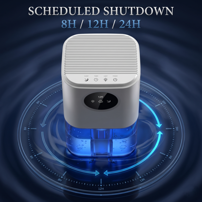 Alphinea Portable Dehumidifier displaying scheduled shutdown options with a precision timer for 8, 12, and 24-hour continuous moisture management.