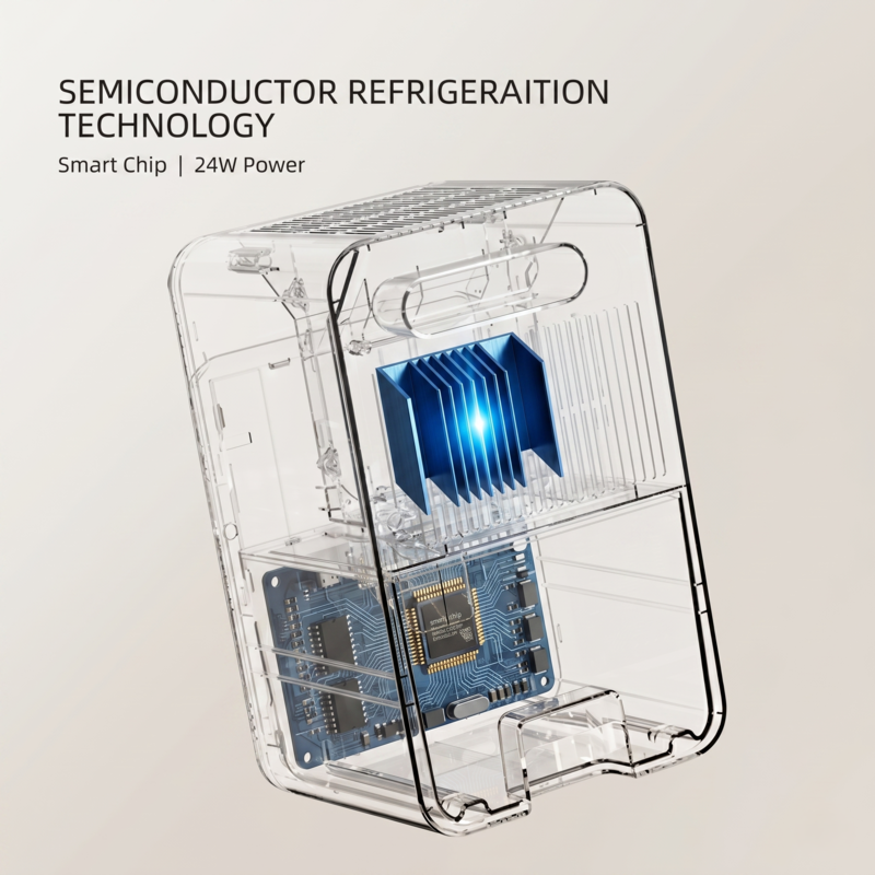 Internal diagram of the Alphinea dehumidifier showcasing advanced semiconductor refrigeration technology and a smart chip for high-performance moisture extraction.