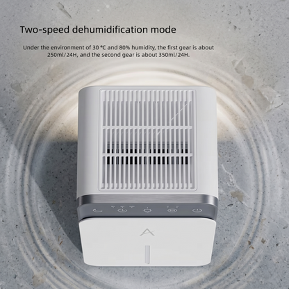 Top view of the Alphinea smart dehumidifier demonstrating its two-speed dehumidification mode and rapid moisture-wicking air circulation.
