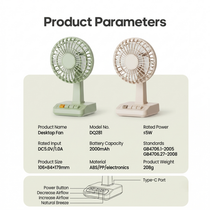 Spécifications et paramètres techniques du ventilateur de bureau vintage Alphinea, présentant les options de couleurs minimalistes kaki, vert et rose.