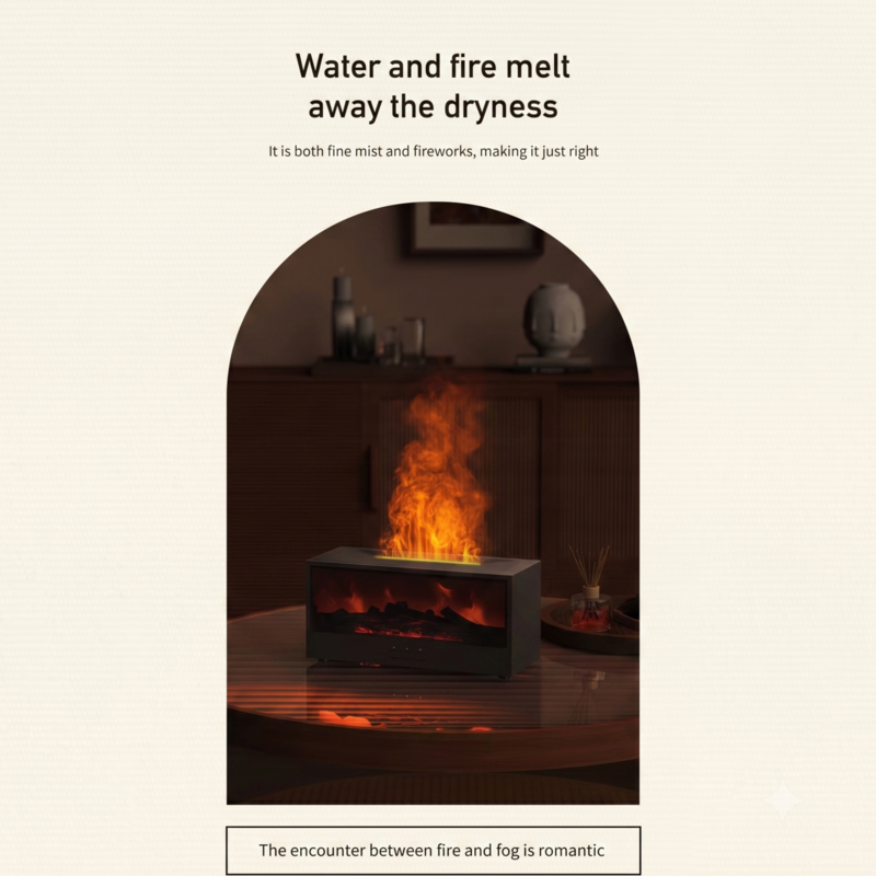 L'humidificateur de bureau Alphinea combat l'air sec grâce à son effet de flamme de cheminée scintillante dans une alcôve voûtée faiblement éclairée.