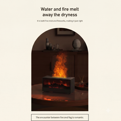 L'humidificateur de bureau Alphinea combat l'air sec grâce à son effet de flamme de cheminée scintillante dans une alcôve voûtée faiblement éclairée.