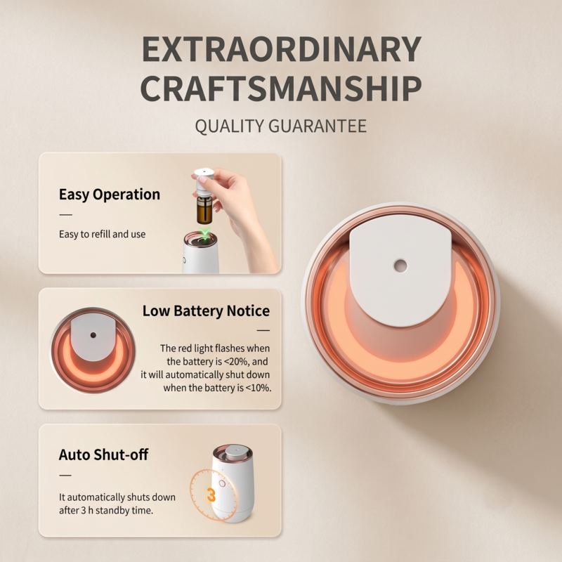 Infographie détaillant la fabrication du diffuseur d'huiles essentielles Alphinea, mettant en avant sa facilité d'utilisation, son indicateur de batterie faible et ses fonctions de sécurité d'arrêt automatique.